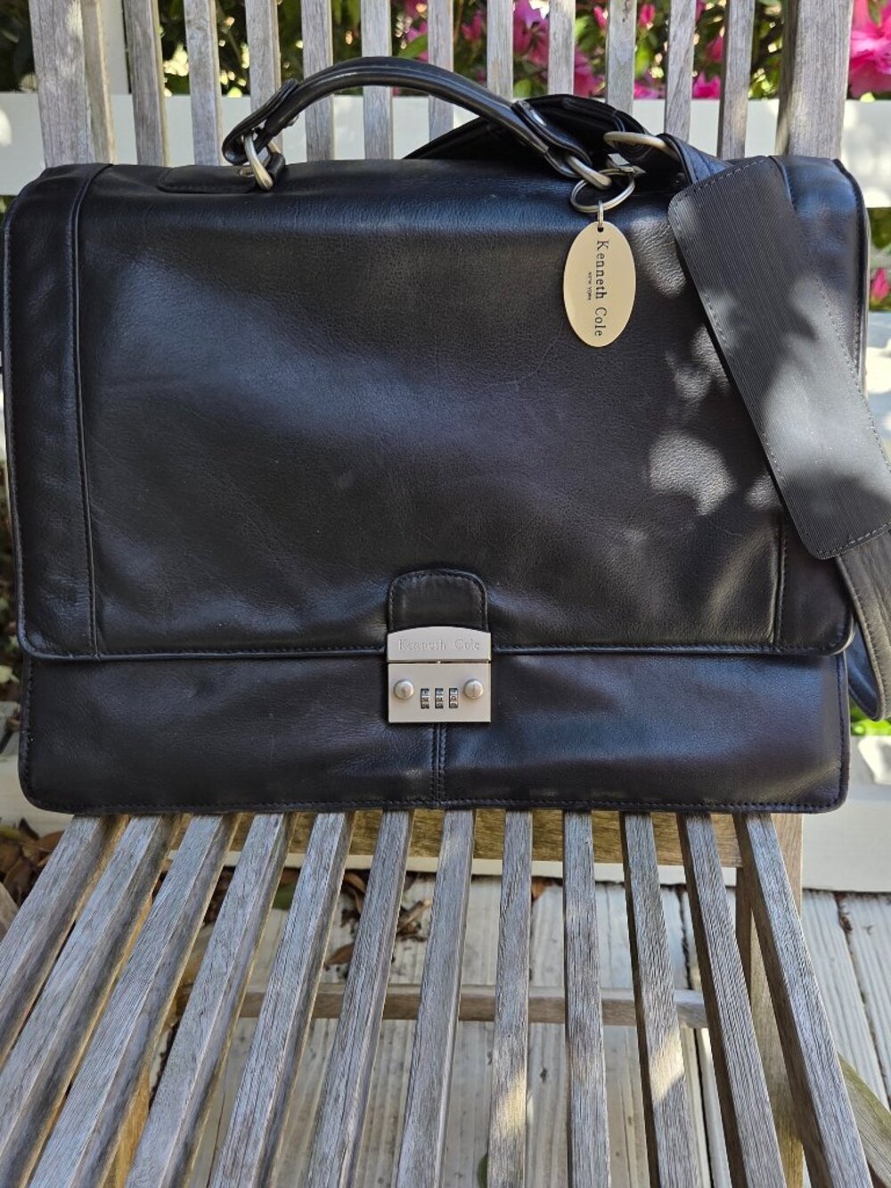 Kenneth Cole NY leather laptop briefcase black handle, strap & combo